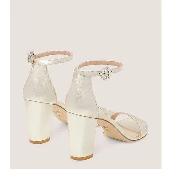 Stuart Weitzman Nearlynude Gem Buckle Sandal Block Heel Size 8.5 B Gold Formal - Picture 2 of 10